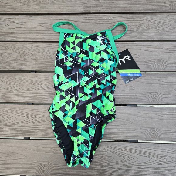 TYR Durafast Labyrinth Green geometric DiamondFit 1 Pc Swimsuit Girls Sz 24 NEW - Picture 1 of 3